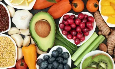 Healthy food including grans, vegetables and fruits