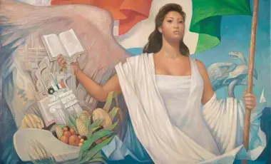painting of person holding book and Mexican flag