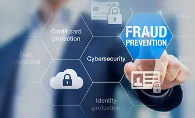 man pointing to fraud prevention wording with other identity theft words around
