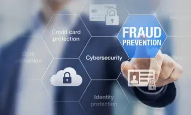  man pointing to fraud prevention wording with other identity theft words around