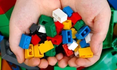 Child holding toy building bricks in their hands.