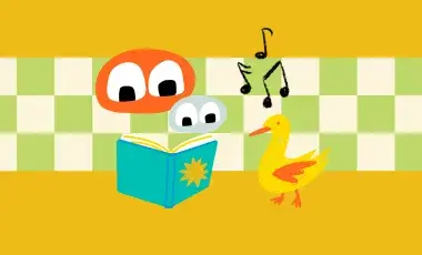Blue and orange googly eyed figures looking at a book, musical notes and a yellow duck on a green checkered and yellow background