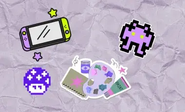 Illustrations of video games and craft supplies.
