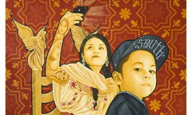 Mural of two children with patterned wallpaper