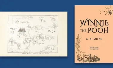 Map of the Hundred Acre Wood drawn by E. H. Shepard to illustrate Winnie-the-Pooh, and original cover of the 1926 edition of the book by A. A. Milne.
