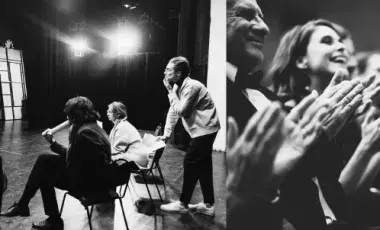 two photos - one of people in a circle reading plays and one of people clapping