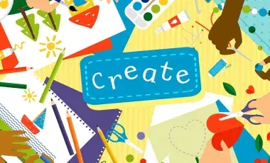 An illustration featuring a table, craft supplies, and four set of hands. The word "create" is featured in the center.