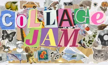 collaged artwork with the text "collage jam" overlayed.