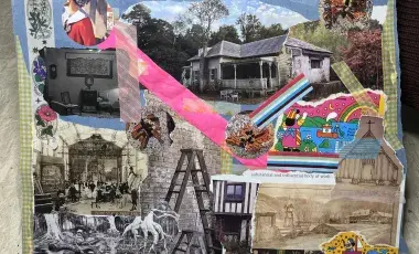 A colorful mixed media collage created by staff.