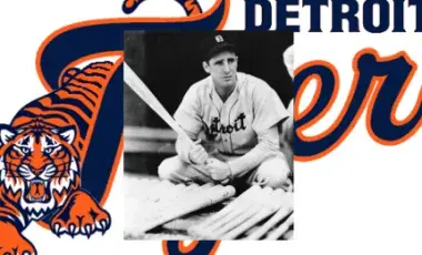 Hank Greenberg in front of Detroit Tigers logo.