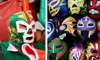 Two pictures - one of a person wearing a lucha libre mask and another of masks hanging on a display