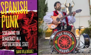 "Spanish Punk" book cover and the author, playing guitar and seated behind a single kick drum.