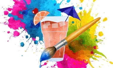 colorful paint splatter with drink cup and paint brush
