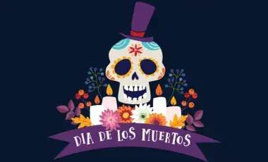 Colorful painted skull with a purple hat, candles, flowers, and a banner that says Dia de los muertos