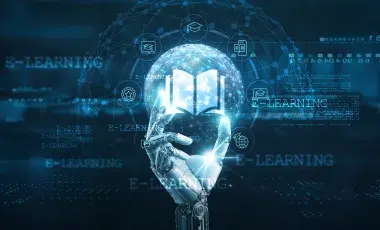 hand made out of computer code holding a sphere with an open book inside