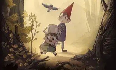 Poster for show. Contains older boy and younger boy walking through a spooky forest together. The younger boy is holding a frog, and a bird flies behind them.