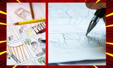 Two photos of drawing comics on a red, black, and yellow background