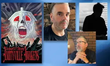 Authors Robert P.Ottone,  Erik Hanson, and Michael Cisco and the book cover for Amityville Awakens