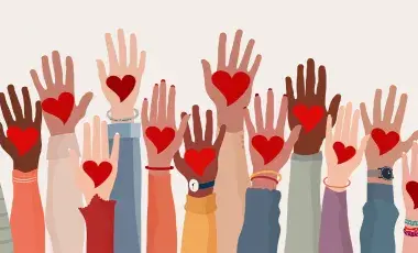 Caring hands are raised in support of community.  