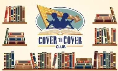 Cover to Cover Club logo featuring silhouettes of two children reading on an open book, framed by shelves of books.