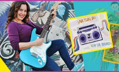 Female musician holding a guitar smiles beside a sign saying Nathalia! 
