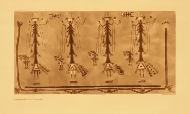 Navajo sandpainting in beige and light brown with four long vertical figures and four short vertical figures.