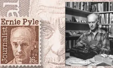 Ernie Pyle postage stamp next to Ernie Pyle using a typewriter.