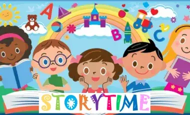 graphic with five children below a rainbow with letters