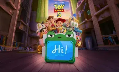 Toy Story 5 Movie Poster with all the toys centered in a bedroom.
