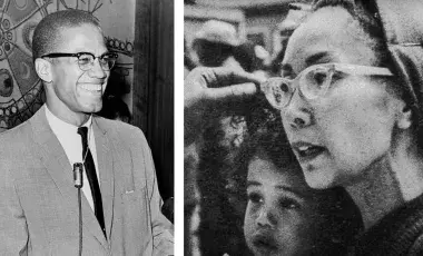 2 portraits -- one of Malcolm X, one of Yuri Kochiyama