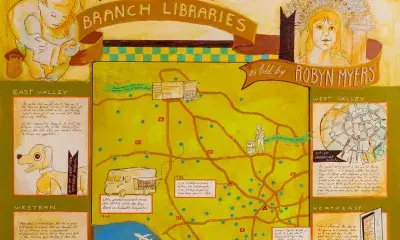 Artwork with text "Los Angeles Public Library Branch Libraries" as told by Robyn Myers