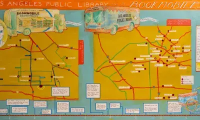 Artwork with text "Los Angeles Public Library and its bookmobiles"