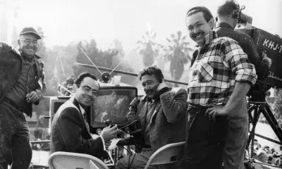 Ted Freguzo, Eddie Rodriguez, and Pete Rodriguez providing the first Spanish language television and radio simulcast of the 1952 Rose Parade.