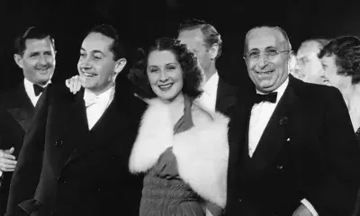 Irving G. Thalberg, Norma Shearer, and L. B. Mayer at the premiere of Great Ziegfeld in 1936, at the Carthay Circle Theatre. Behind the powerful trio stands head of publicity Howard Strickling and actor Leslie Howard