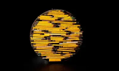 Pencil Collage, used pencils stacked in a round shape