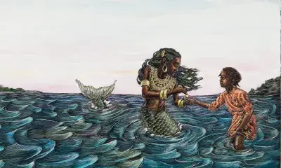 Illustration of mermaid and child in water