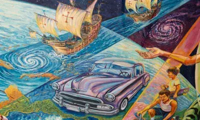 Detail from mural with classic car and sail boats
