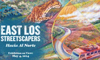 postcard for exhibit that reads "East Los Streetscapers Hacia al norte"