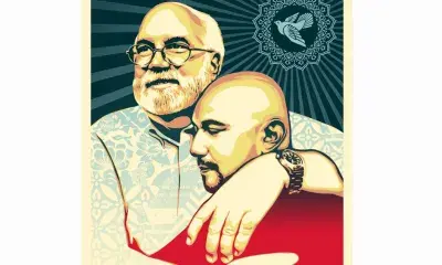 Father Gregory Boyle hugs a former gang member in this poster created by Shepard Fairy 