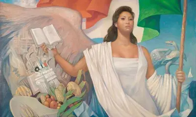 painting of person holding book and Mexican flag