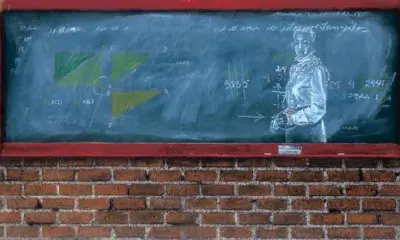 Painting of chalkboard with chalk drawing of person
