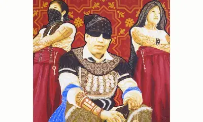 Mural of three people in front of wallpaper 
