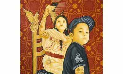 Mural of two children with patterned wallpaper