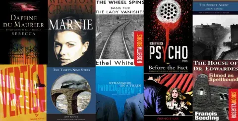 Collage of ten novels that influenced Alfred Hitchcock's best films