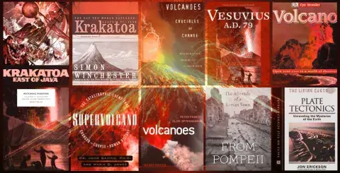 Collage of books about volcanic eruptions of Mount Vesuvius and Karkatoa 