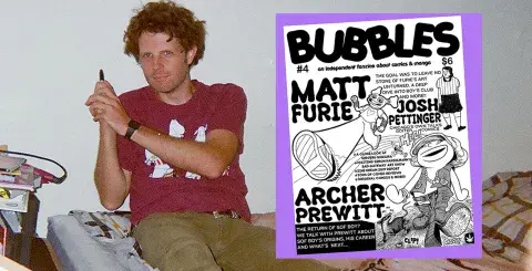 Zine author, Brian Baynes and his zine, Bubbles