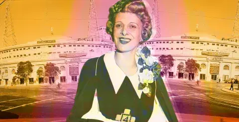 Graphic illustration of Aimee Semple McPherson and Angelus Temple