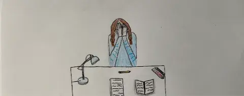 Drawing of a girl with her head in her hands at her desk