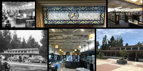 Photos of the North Hollywood library (top left) Circulation desk [1954] Valley Times Collection. (bottom left) Library exterior [1946] 