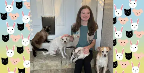 girl with dogs and cats